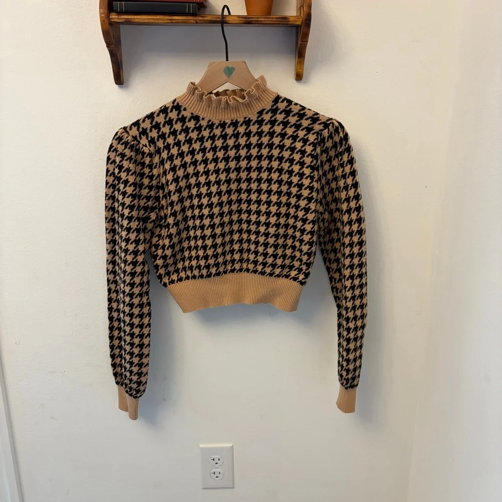 Janie and Jack Houndstooth Crop Sweater Girls 16 | Brown Black | Ruffle Collar